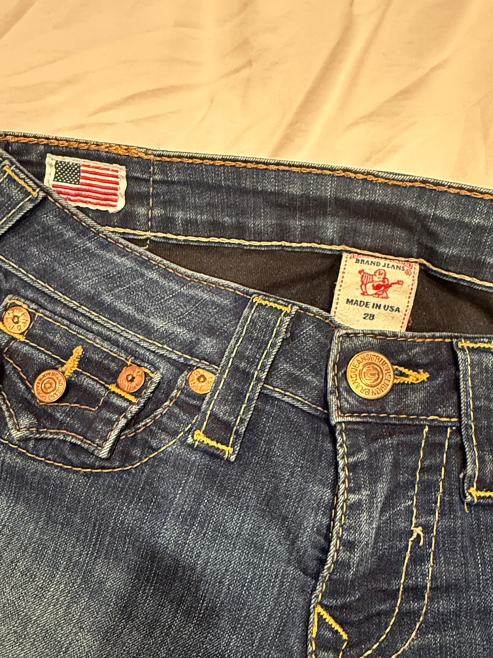 True Religion Serena Dark Blue Denim Jeans with Yellow Stitching